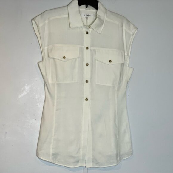 FRAME Arie Sleeveless Linen Button-Up Top in White - Picture 3 of 12